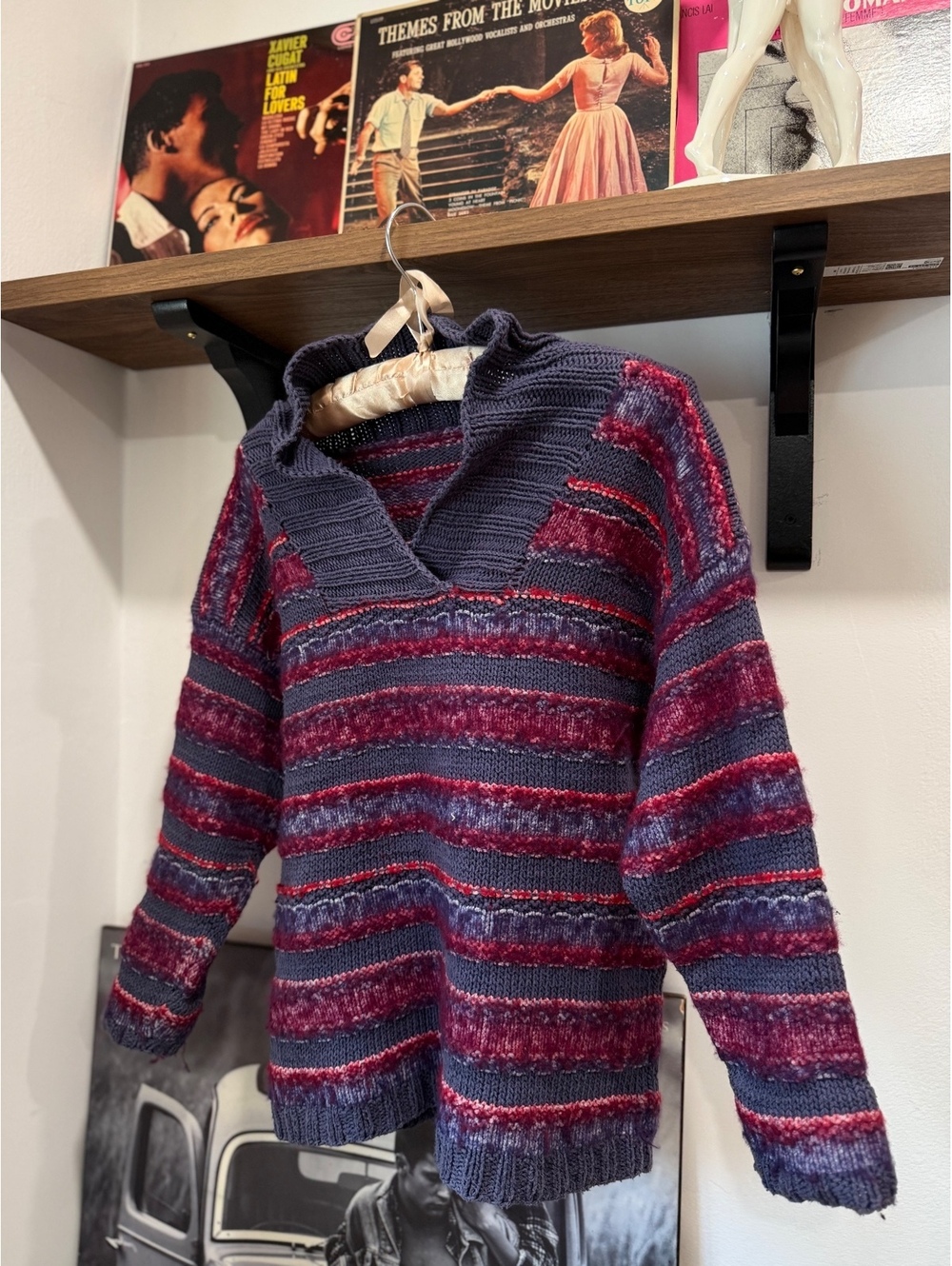 Handmade Vintage Striped Knit Sweater with Shawl Collar XS-S burgundy
